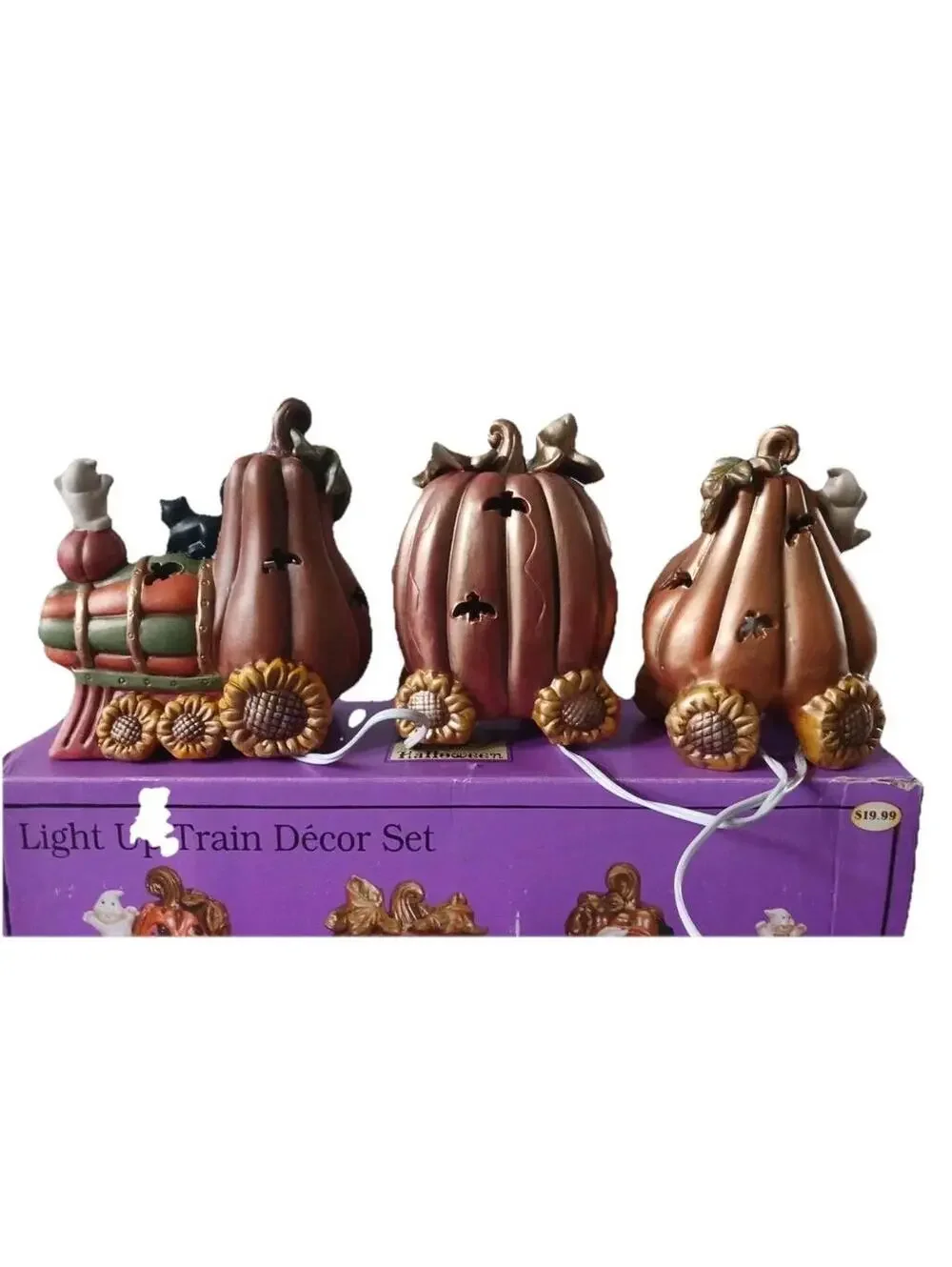 Light Up Halloween Pumpkin Train Décor Set with Ghosts and Black Cat